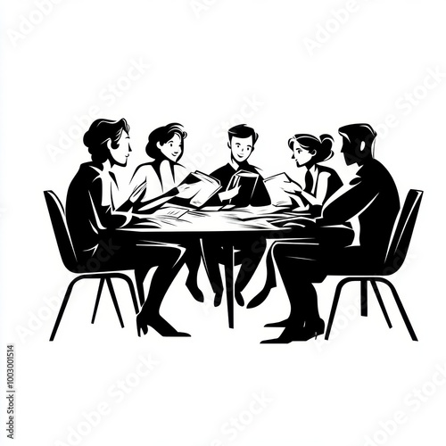 Five colleagues gathered around a table engaged in discussion