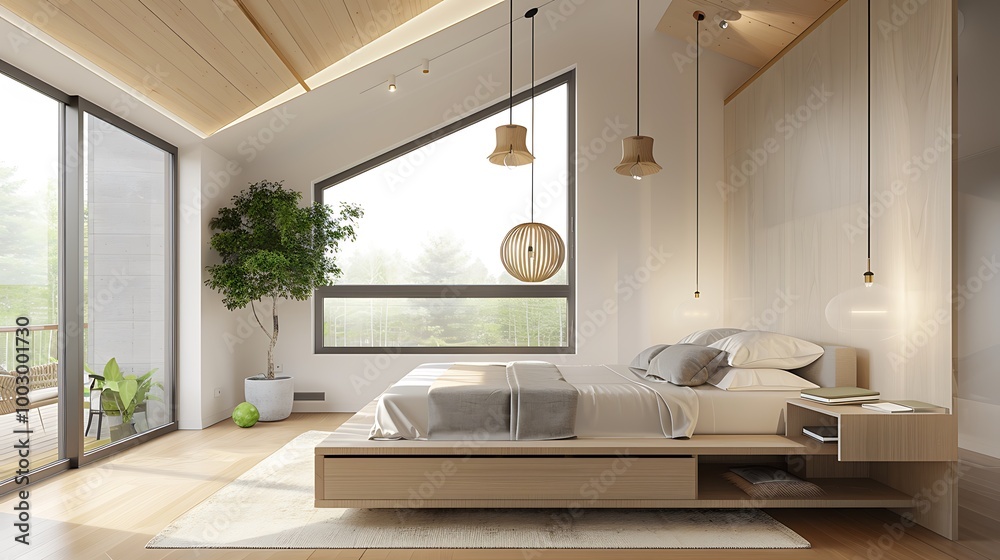 Modern bedroom with a high ceiling, pendant lighting, and a floating bed with hidden storage Modern bedroom with a high ceiling, pendant lighting, and a floating bed with hidden storage