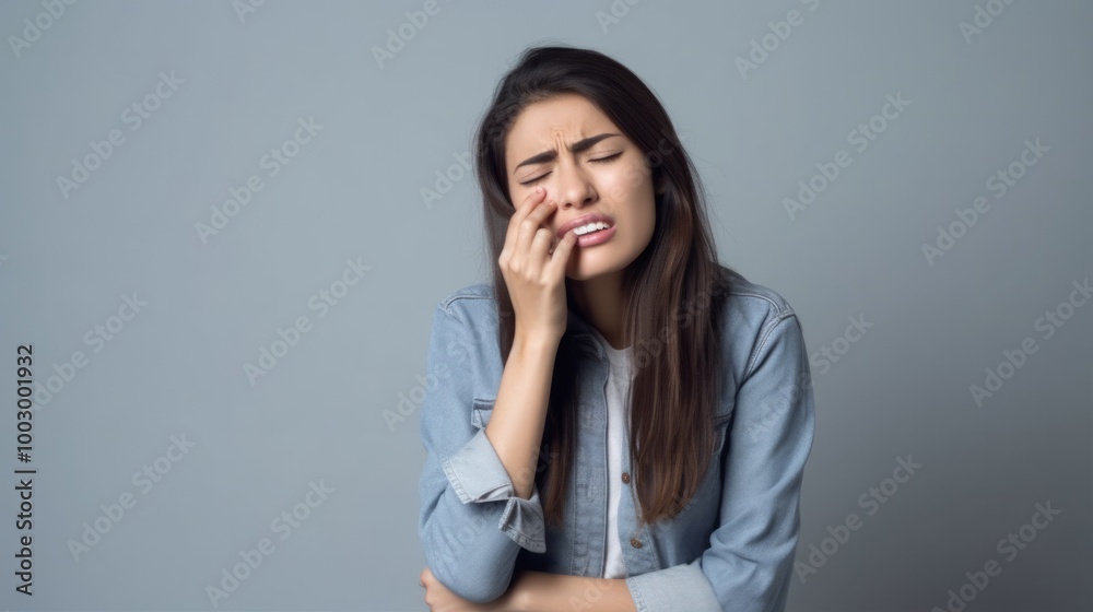 Woman feel toothache from gingivitis, female suffer tooth, decay problems, dental care. Neural network ai generated art Woman feel toothache from gingivitis, female suffer tooth, decay problems, dental care. Neural network ai generated art