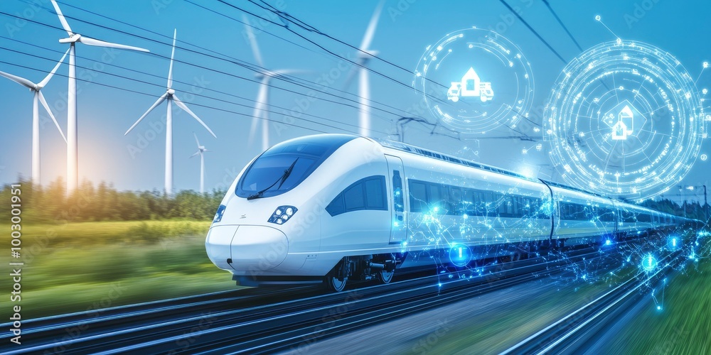 A high speed train moving through the countryside, with wind turbines in the background, surrounded by digital data streams and green energy icons A high speed train moving through the countryside, with wind turbines in the background, surrounded by digital data streams and green energy icons