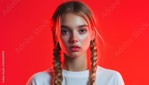 Blonde two braid haired girl, vibrant color fade background, various emotions