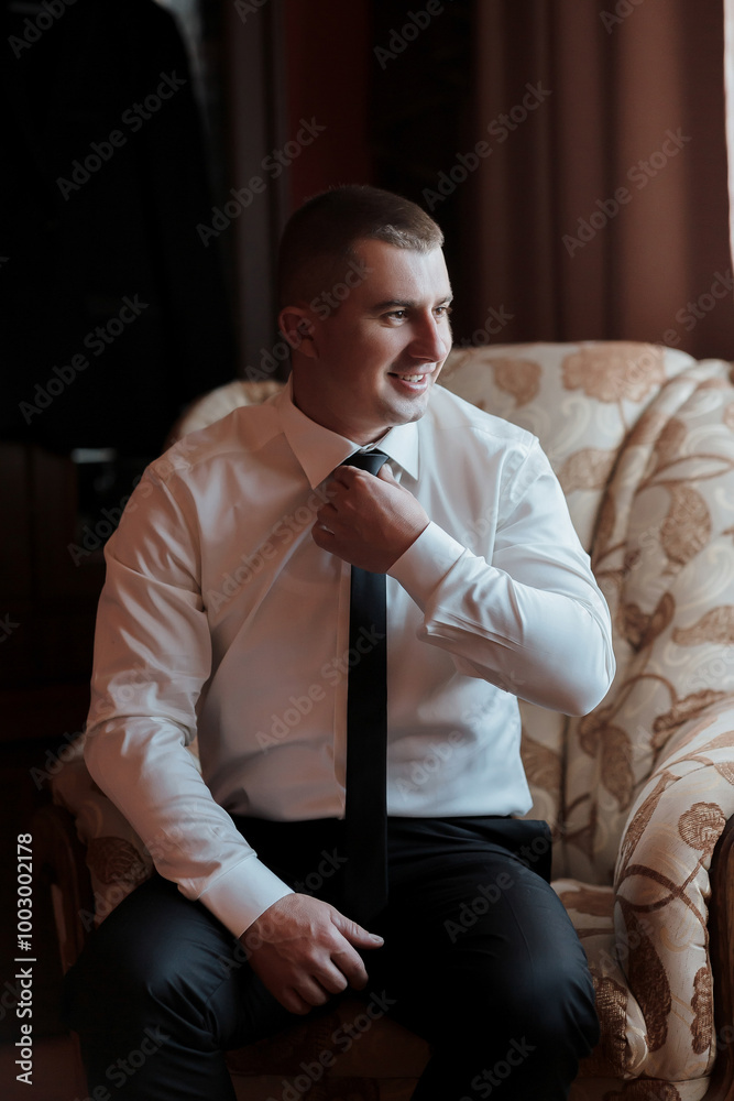 A man is sitting on a chair and tying his tie. He is smiling and he is happy A man is sitting on a chair and tying his tie. He is smiling and he is happy