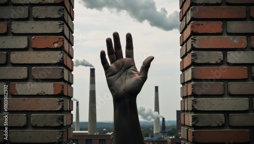 Hand reaches from polluted industry toward hopeful future Abstract Environmental Protection photo