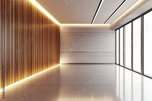 A spacious room showcases sleek modern design with wooden walls, large windows, and soft lighting creating a serene atmosphere