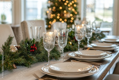 elegant holiday dining room with grand table, festive dinnerware, candles, and pine boughs exudes christmas warmth decorinspo photo