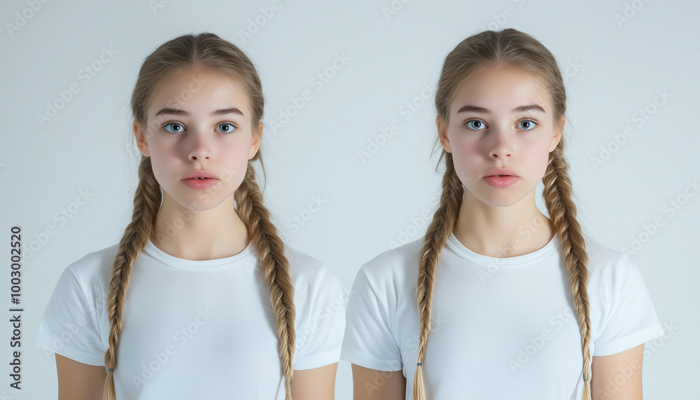 Blonde two braid haired girl, vibrant color fade background, various emotions Blonde two braid haired girl, vibrant color fade background, various emotions