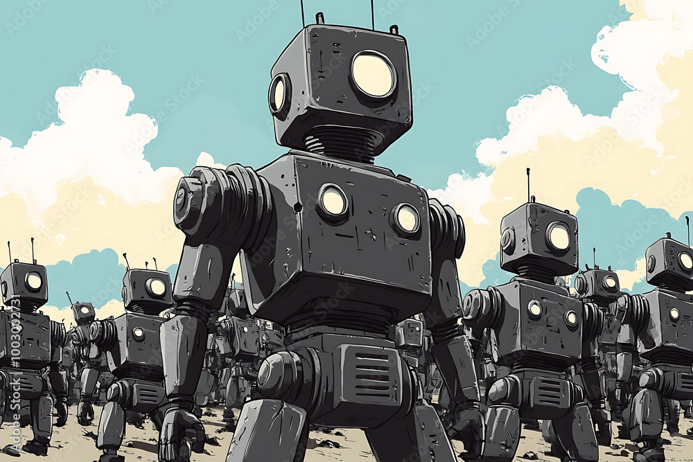 A group of retro-style robots standing in formation against a blue sky with clouds. A group of retro-style robots standing in formation against a blue sky with clouds.