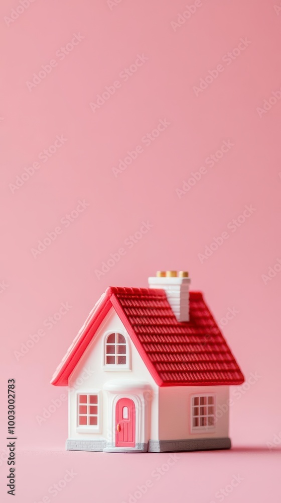 A miniature white house with a red roof stands on a simple background A miniature white house with a red roof stands on a simple background