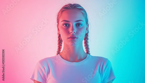 Blonde two braid haired girl, vibrant color fade background, various emotions