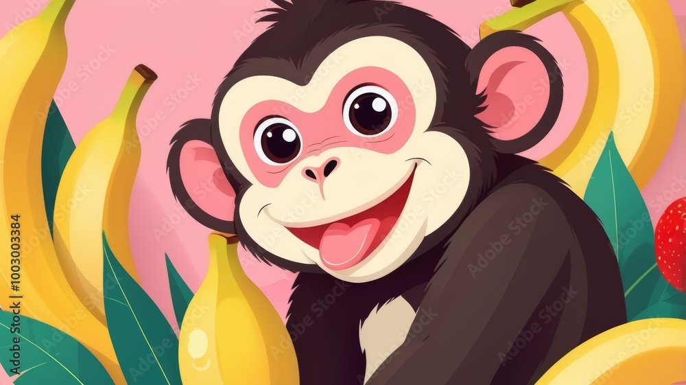 A playful monkey surrounded by bananas and some leaves , set against a whimsical pink background in a storybook style. A playful monkey surrounded by bananas and some leaves , set against a whimsical pink background in a storybook style.