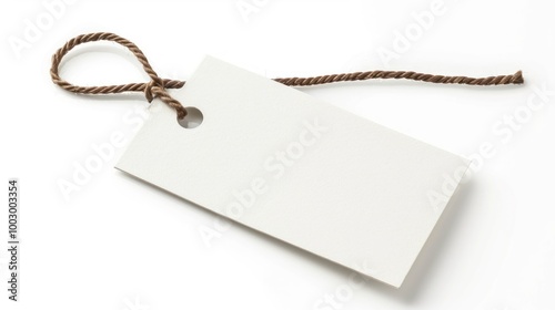 White blank tag with a brown rope on a white background. Minimalist mockup for design and print.