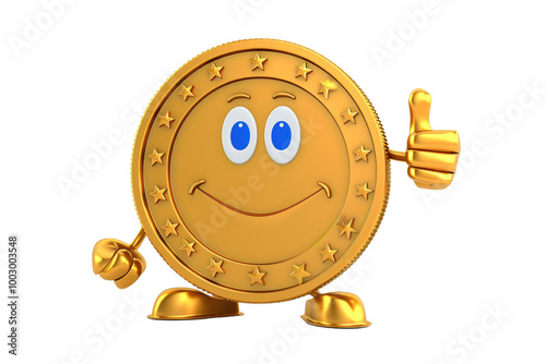 Smiling Gold Coin Character Giving Thumbs Up Isolated on Black Background with Stars and Happy Expression photo