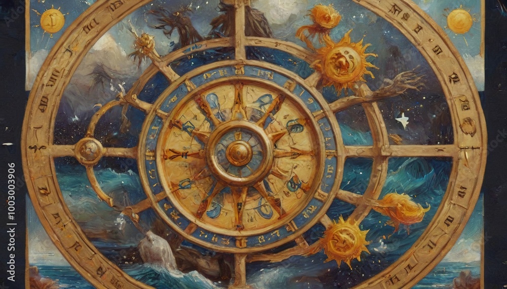 Fototapeta premium A captivating artwork illustrating the Wheel of Fortune tarot card, symbolizing the cycles of life and the ebb and flow of destiny, Generative AI