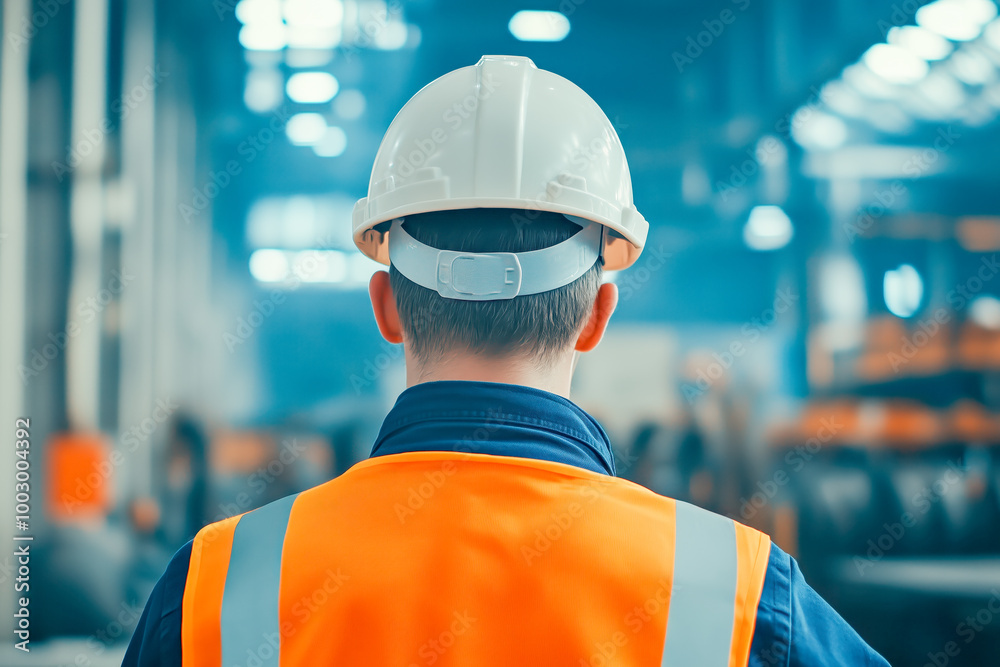 Industrial worker wearing a hard hat and safety vest, standing alone on a factory floor Industrial worker wearing a hard hat and safety vest, standing alone on a factory floor
