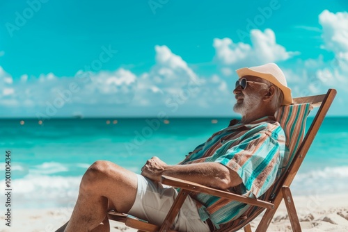 A man is sitting on a beach chair, smiling and enjoying the sun