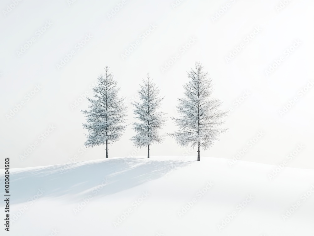 Fototapeta premium Three tall trees gracefully rise above a snowy hill, surrounded by a serene winter landscape and soft, bright light