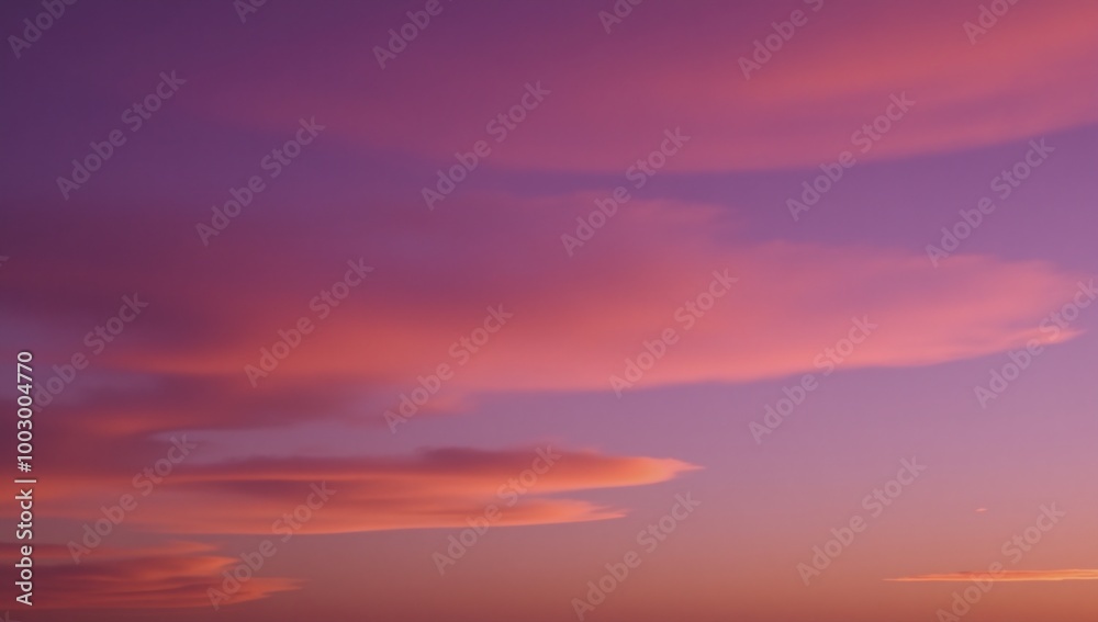 Obraz premium Stunning panorama of sunset cloudscape showcasing a blend of vibrant purples pinks and oranges with soft wispy clouds against the peaceful tranquility of an evening sky