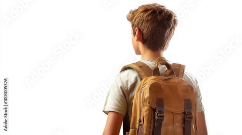 A young boy with a backpack looks ahead