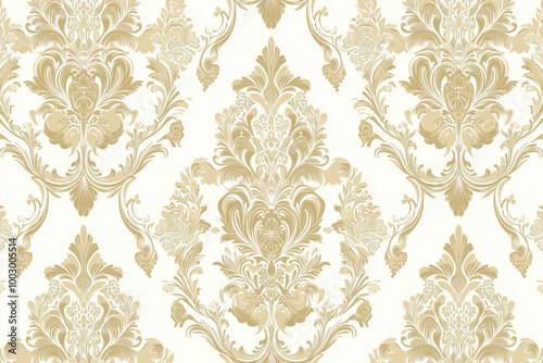Seamless wallpaper pattern with classic damask motifs in gold and cream, giving a luxurious and elegant feel