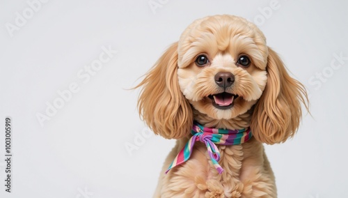 A photorealistic illustration features an adorable poodle wearing a colorful ribbon photo