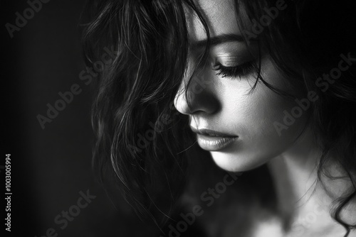 A black and white photo of a woman with long hair.