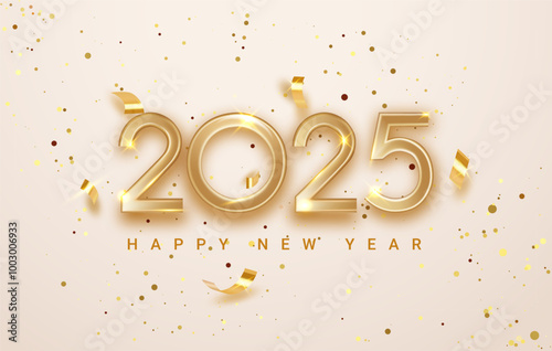 2025 new year celebration background banner. new year realistic golden glitter and confetti background. Banner for Christmas holiday.