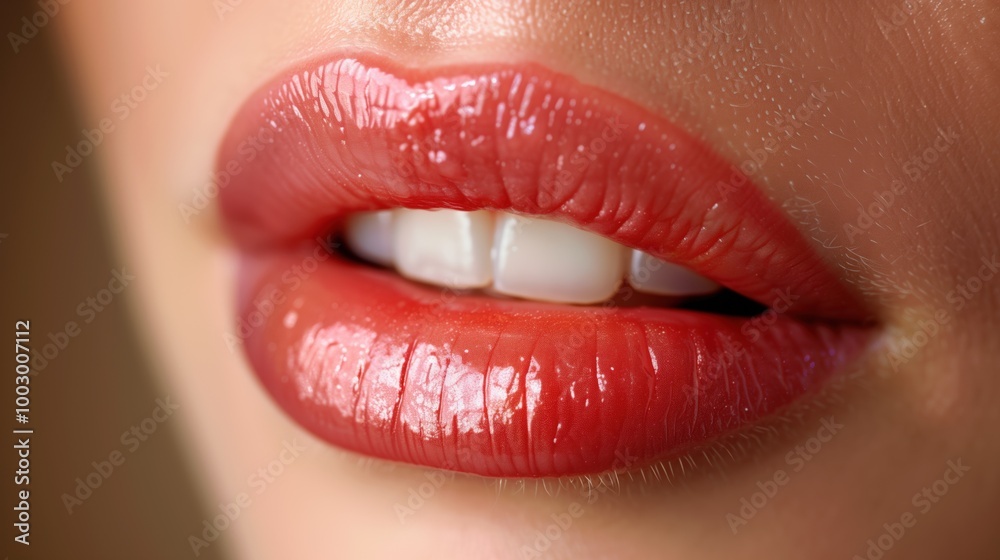 Closeup photograph showcasing Glossy Lips adorned with a Soft Coral Shade of Lipstick Closeup photograph showcasing Glossy Lips adorned with a Soft Coral Shade of Lipstick