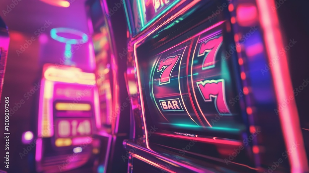 Obraz premium A vibrant close-up of a slot machine with colorful lights, featuring spinning reels displaying 