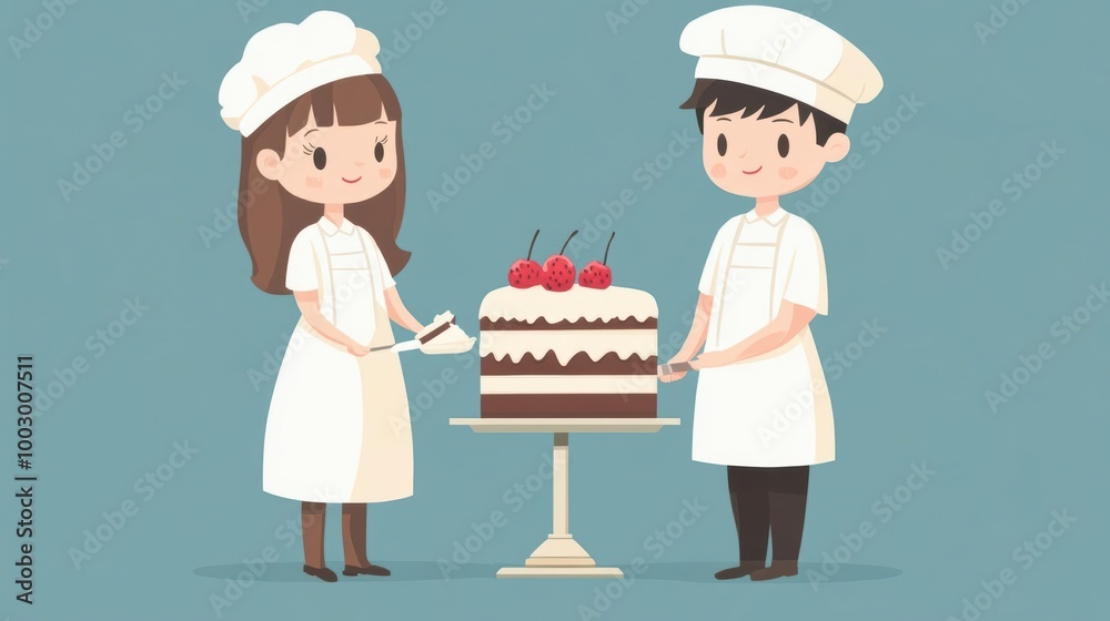 Two bakers proudly present a delicious chocolate cake with cherries Two bakers proudly present a delicious chocolate cake with cherries