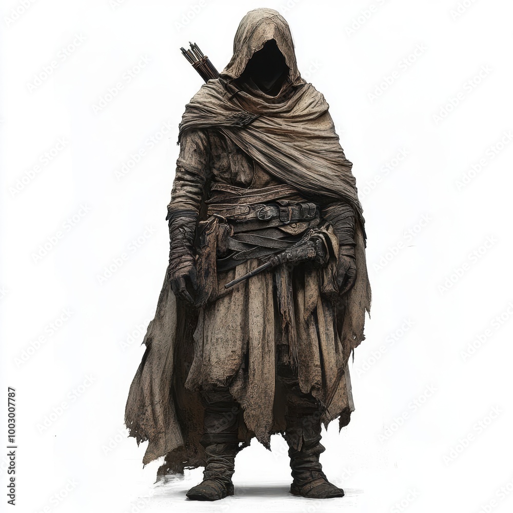 A hooded figure with a bow and arrows stands in a mysterious pose A hooded figure with a bow and arrows stands in a mysterious pose