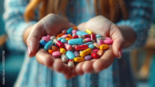 A mix of colorful pills in hands, highlighting holistic health and wellbeing in daily life