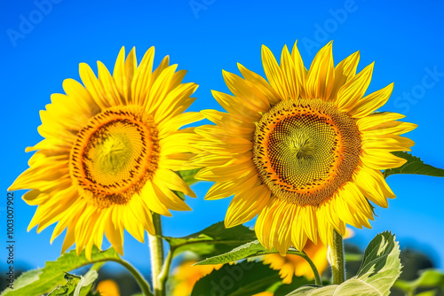 Close-up of a sunflower field, with the golden blooms stretching towards the sky photo