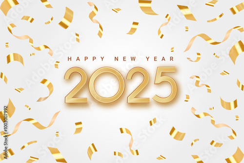 Happy new year 2025 background banner. Elegant New Year celebration design with a splash of celebratory ornaments. New Year greeting and celebration. Vector 3d realistic illustration