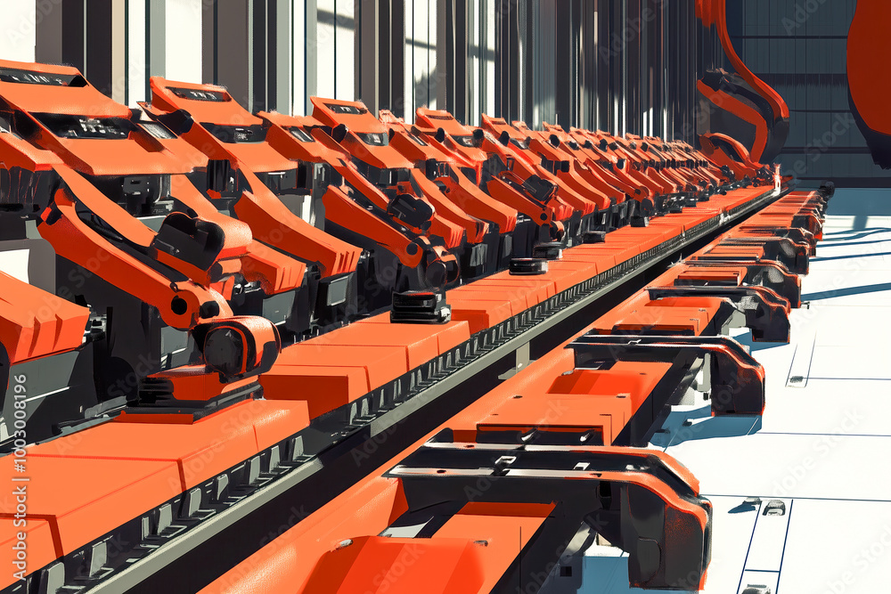 High-tech assembly line in a modern industrial plant, with robotic arms and advanced equipment High-tech assembly line in a modern industrial plant, with robotic arms and advanced equipment