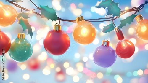a festive scene with colorful Christmas ornaments hanging on a string. The ornaments are round and come in various colors, including red, orange, purple, and green