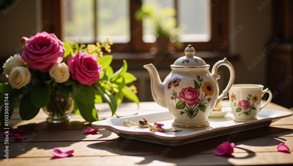 A traditional tea set sits atop a wooden table amidst sunlit flowers A traditional tea set sits atop a wooden table amidst sunlit flowers