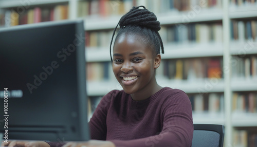 Mulher africana feliz trabalhando no computador em agência digital. Jovem estudante revisando digitação na biblioteca da faculdade. Curso de educação continuada inclusivo e diverso photo