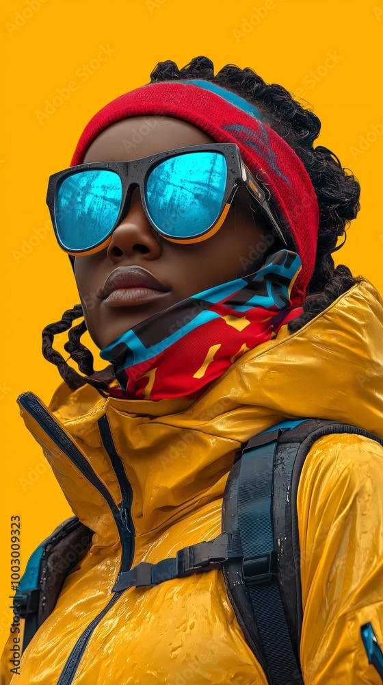 Black Young woman is looking ahead, wearing a yellow raincoat and sunglasses, with a backpack on her shoulders, against a yellow background; african sports girl Black Young woman is looking ahead, wearing a yellow raincoat and sunglasses, with a backpack on her shoulders, against a yellow background; african sports girl