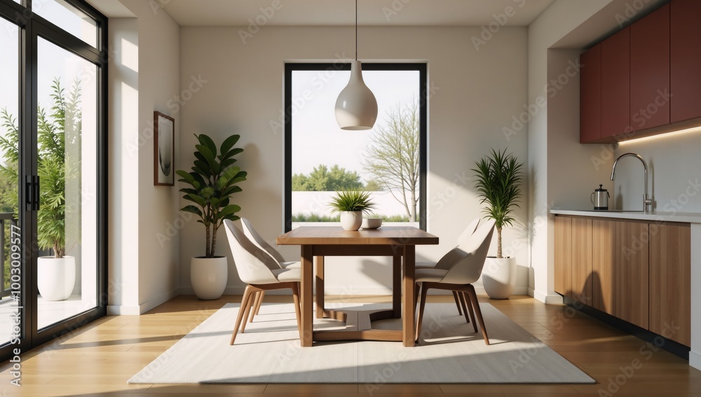 A 3D-rendered scene showcases a contemporary dining room as a comfortable home setting A 3D-rendered scene showcases a contemporary dining room as a comfortable home setting