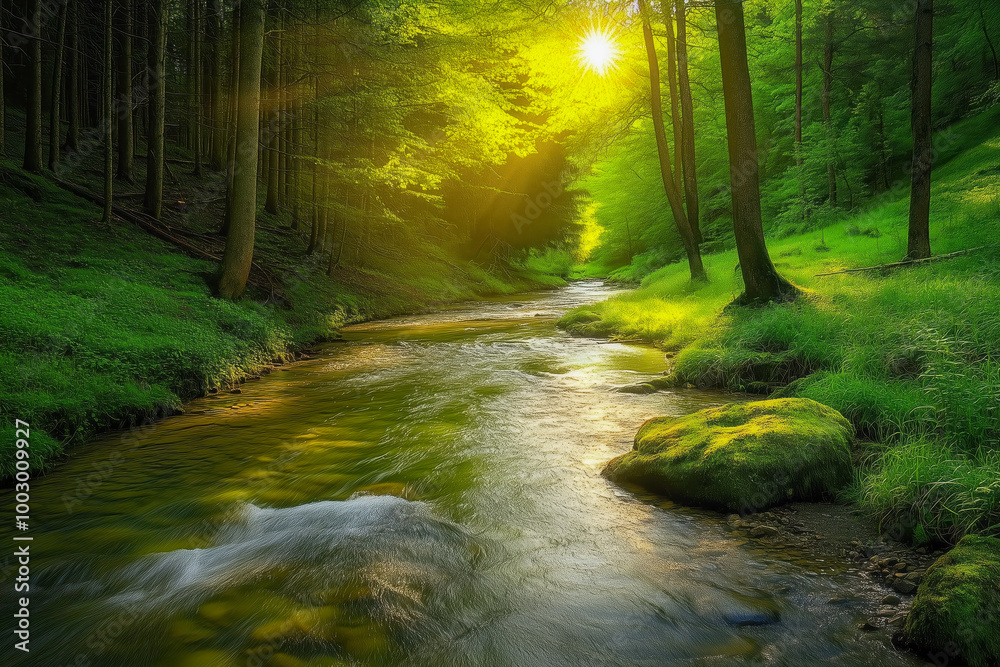 Serene forest scene with a meandering stream running through it