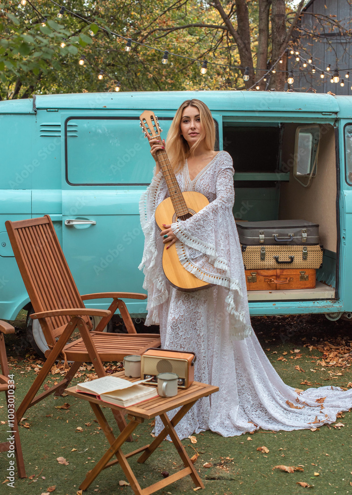 Φωτογραφία Bohemian Hippie bride in long lace dress with fringe, modern vintage mix style,
