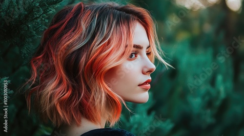 Vibrant Hairstyle with Warm Tones in Natural Setting