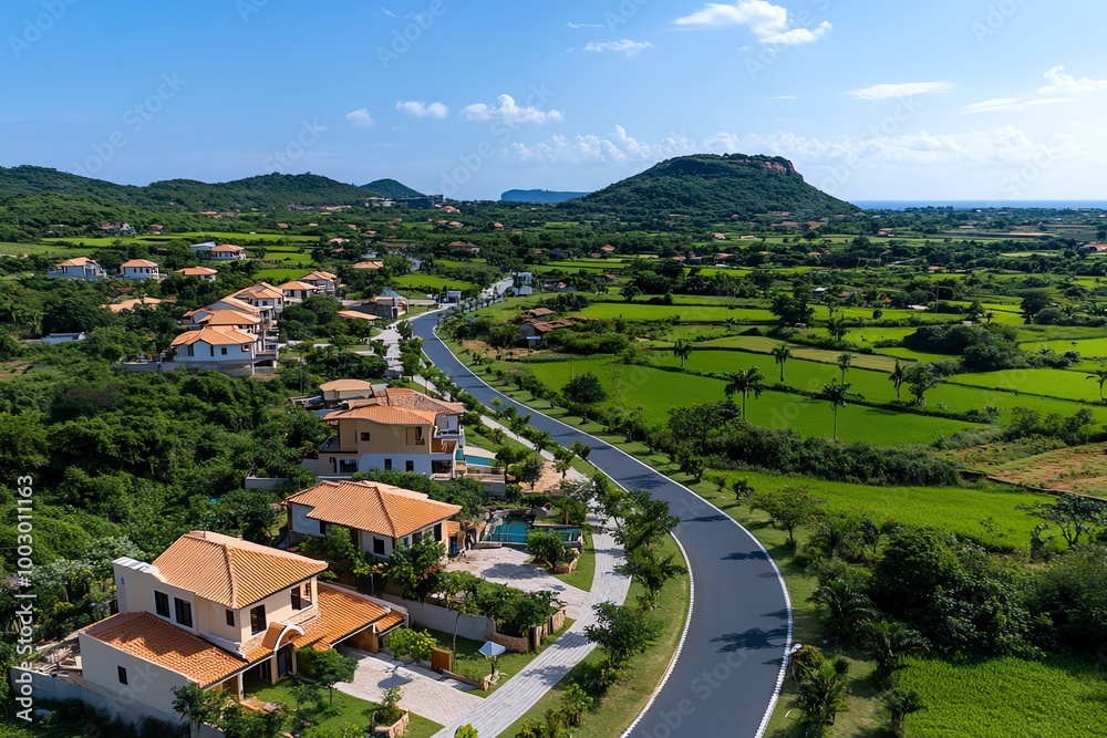 A vibrant rural village with newly built homes and infrastructure, surrounded by green fields and clear roads symbolizing rural development A vibrant rural village with newly built homes and infrastructure, surrounded by green fields and clear roads symbolizing rural development