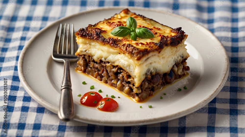 A generous square portion of moussaka A generous square portion of moussaka
