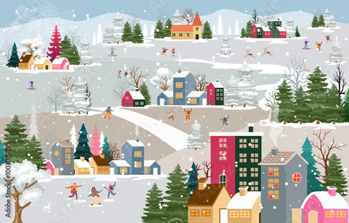 Winter season landscape illustration with snowing with people having fun doing outdoor activities