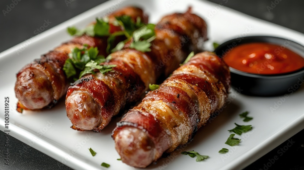 Bacon-Wrapped Sausages with Fresh Garnish Bacon-Wrapped Sausages with Fresh Garnish