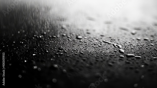 Numerous tiny droplets of rain adorn a smooth, monochrome expanse, forming an intricate and abstract pattern. 