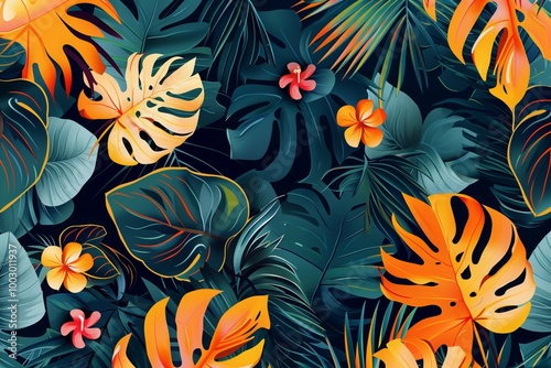 A colorful painting of a tropical forest with many different types of leaves