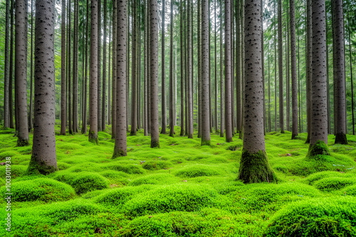 Dense, enchanted forest with towering trees and a carpet of vibrant green moss covering the forest floor