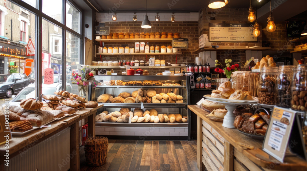 Cozy Artisan Bakery with Fresh Bread and Pastries Displayed on Wooden Shelves in a Rustic Setting Cozy Artisan Bakery with Fresh Bread and Pastries Displayed on Wooden Shelves in a Rustic Setting